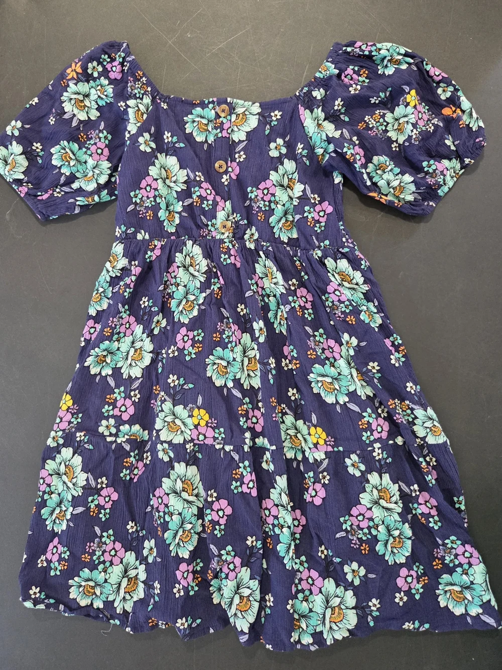 Justice Navy Floral Puff-Sleeve Dress with Aqua, Pink & Yellow Accents